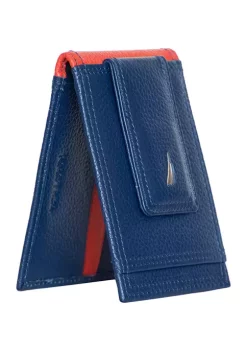 Wholesale ✔️ Nautica Pebble Two-Tone Leather Front Pocket Wallet - Navy/Red 💯 -Cheap Nautica Store Belk 1749