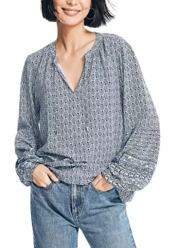 Best deal ❤️ Nautica 👩 Women's Sustainably Crafted Printed Split Neck Top 🔔