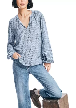 Best deal ❤️ Nautica 👩 Women's Sustainably Crafted Printed Split Neck Top 🔔 -Cheap Nautica Store Belk 2679